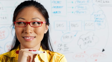 صورة عن قرب لسيدة أعمال آسيوية تبتسم أمام سبورة