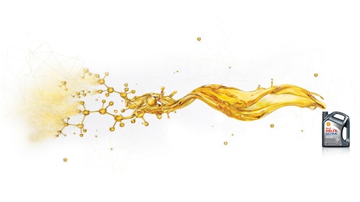 عبوة زيت شل Helix Ultra يتدفق الزيت من فتحتها العلوية