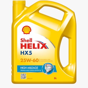 لقطة لعبوة زيت شل Helix HX5 High Mileage 25W-60 للمحركات القديمة