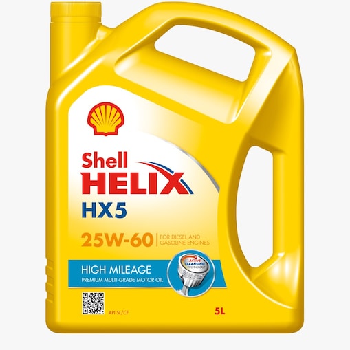 لقطة لعبوة زيت شل Helix HX5 High Mileage 25W-60 للمحركات القديمة