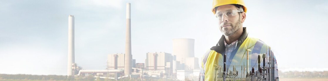 worker in a yellow hard hat transposed onto a background of a power plant