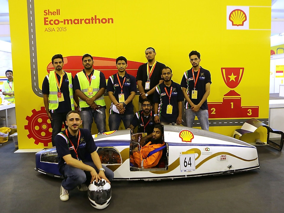 The Mean Machine, #64, Prototype, competing for Team Megalodon from The German University of Technology, Oman poses for a portrait during day one of the Shell Eco-marathon in Manila, Philippines, Thursday, Feb. 26, 2015.